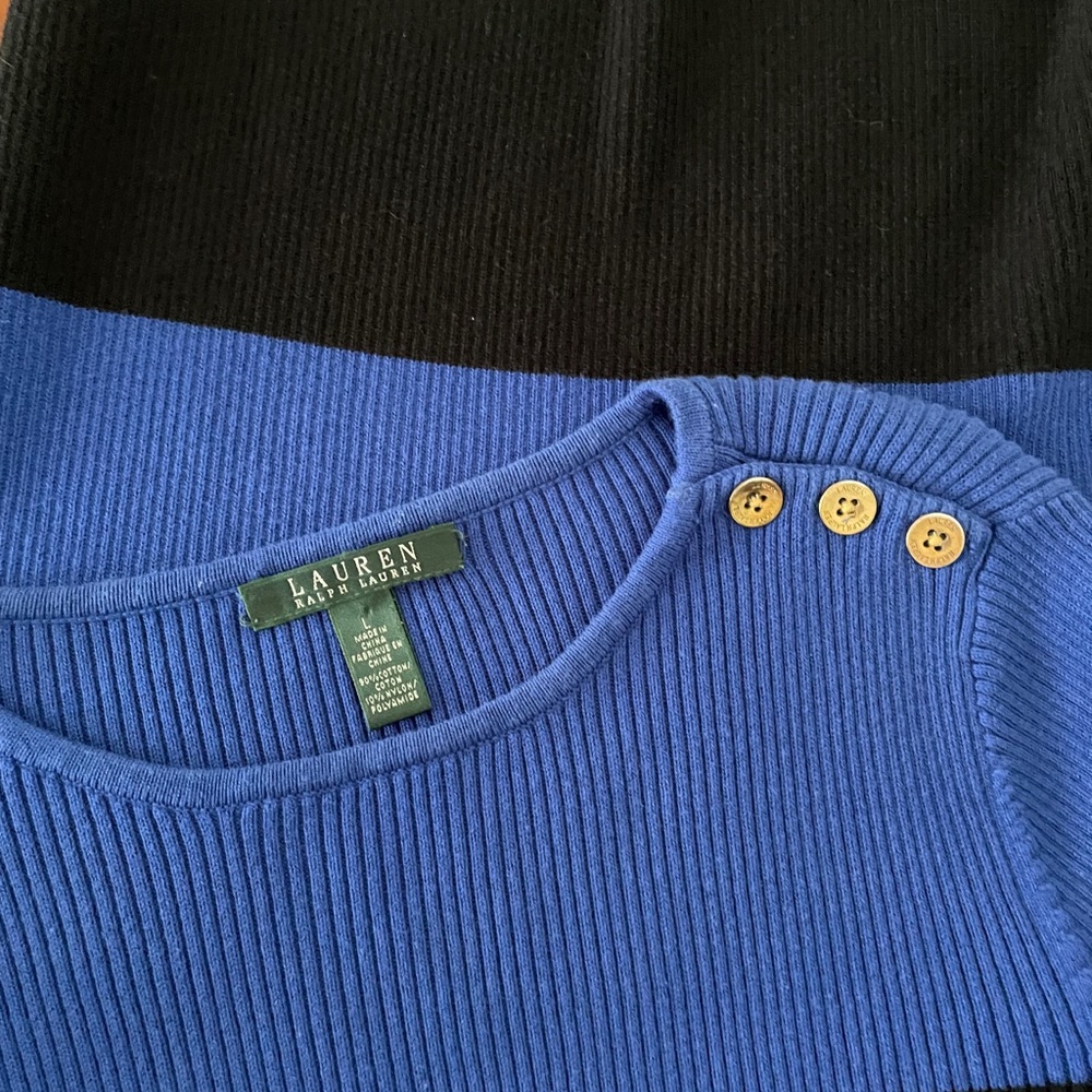 LAUREN RALPH LAUREN RIB KNIT SWEATER STRIPED BLUE BLACK SIZE L - Picture 2 of 6